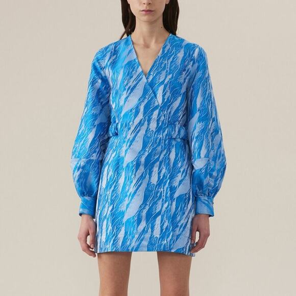 Ganni Metallic Jacquard Long Balloon Sleeve Mini Wrap Dress Blue Women Size 36/S - Picture 1 of 11